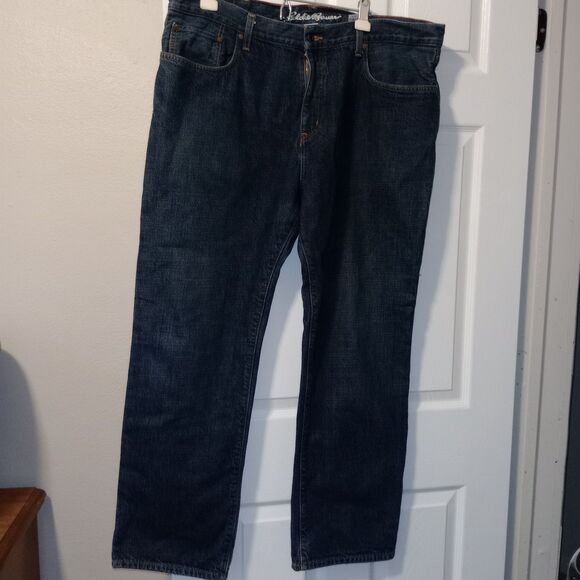 Eddie Bauer Jeans Blue Relaxed Fit Straight Flannel Lined Dark Denim Men's 42x32 - Picture 1 of 7